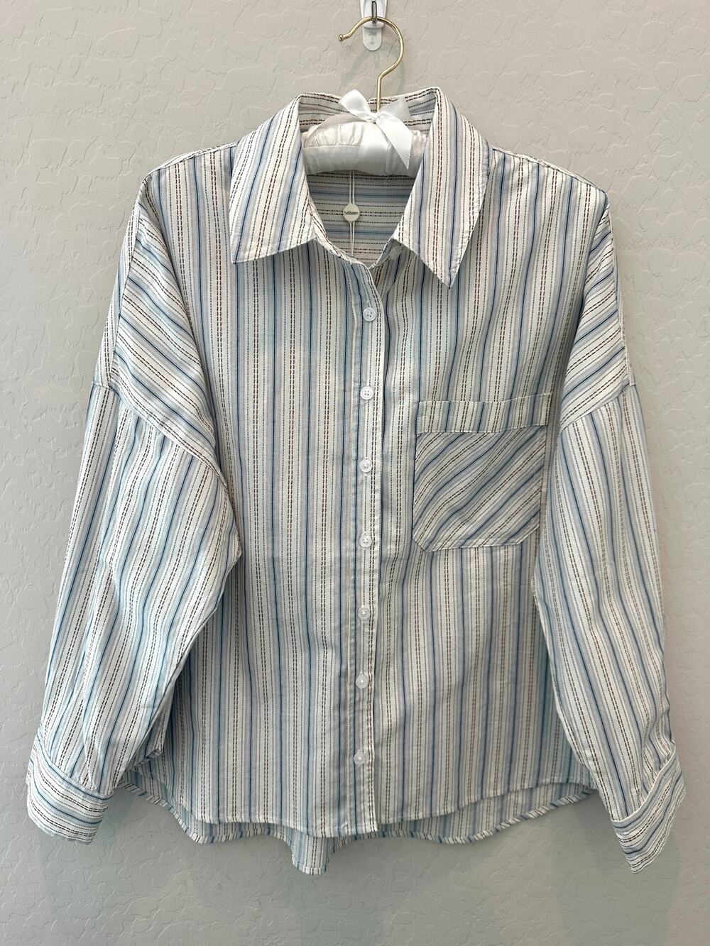 BOHME Miou Muse Blue Stripe Cotton Button Front Oversized Shirt Top NWT Small